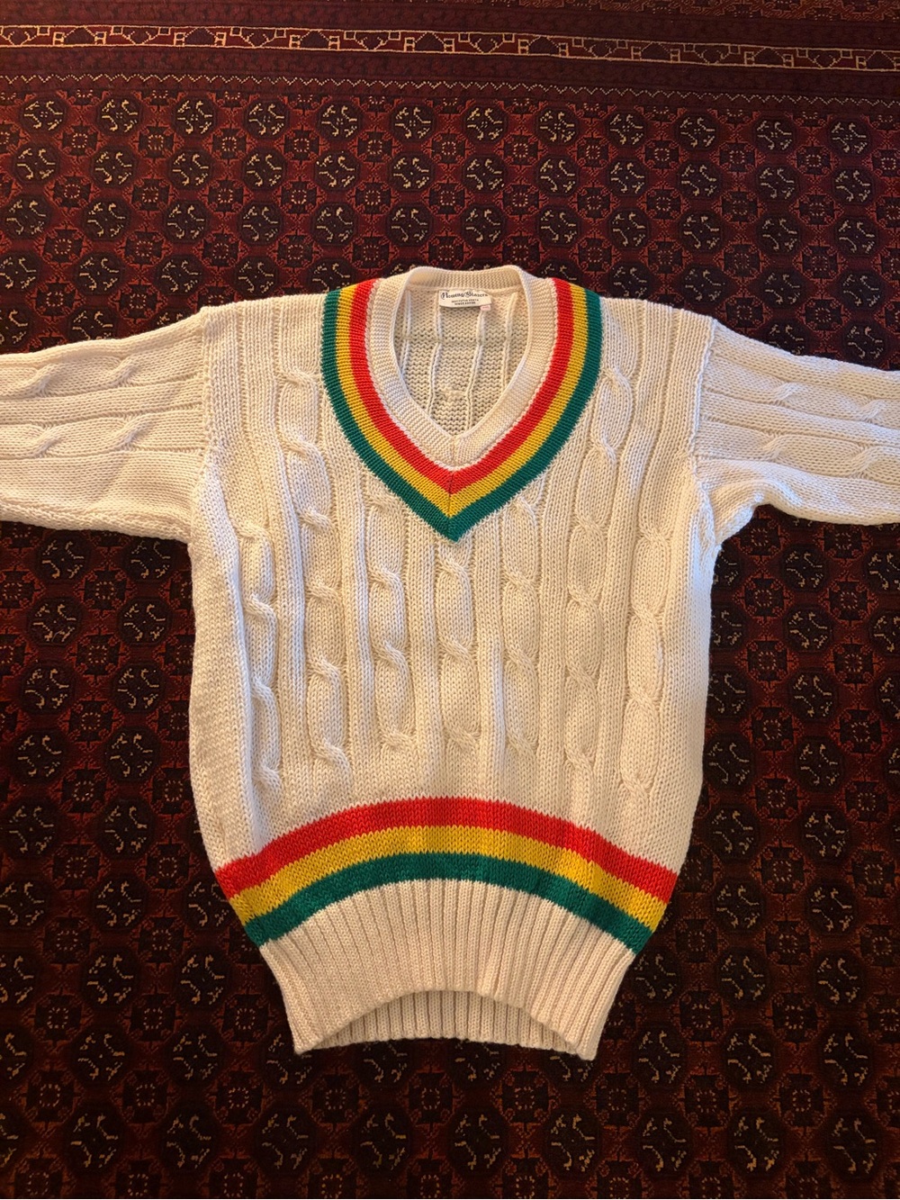 Rowing Blazers Cream Cable-Knit V-Neck Sweater with Red, Yellow & Green Trim